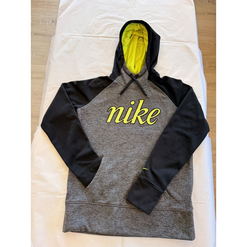 Nike Hoodie Women Medium Grey Black Neon Yellow Good Therma-FIT Pullover
